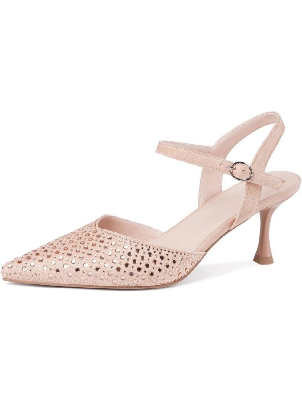 Women's Pink Faux Suede Rhinestone Ankle Strap Closed Toe Kitten Heels Pumps
